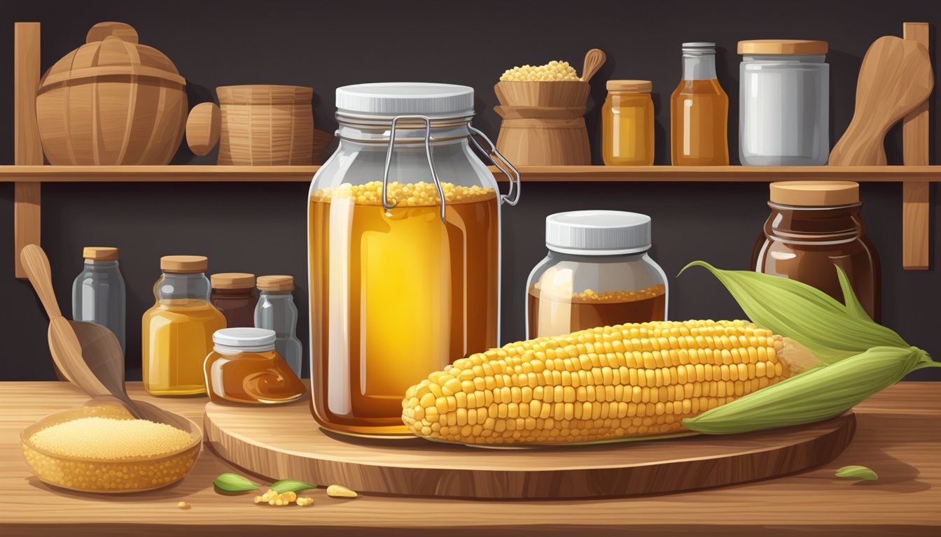 A jar of golden syrup and a bottle of corn syrup on a wooden shelf, surrounded by various baking ingredients and utensils