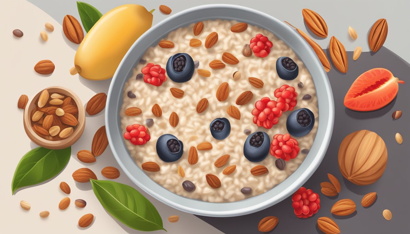 A bowl of oatmeal with goji berries and raisins side by side, surrounded by various fruits and nuts