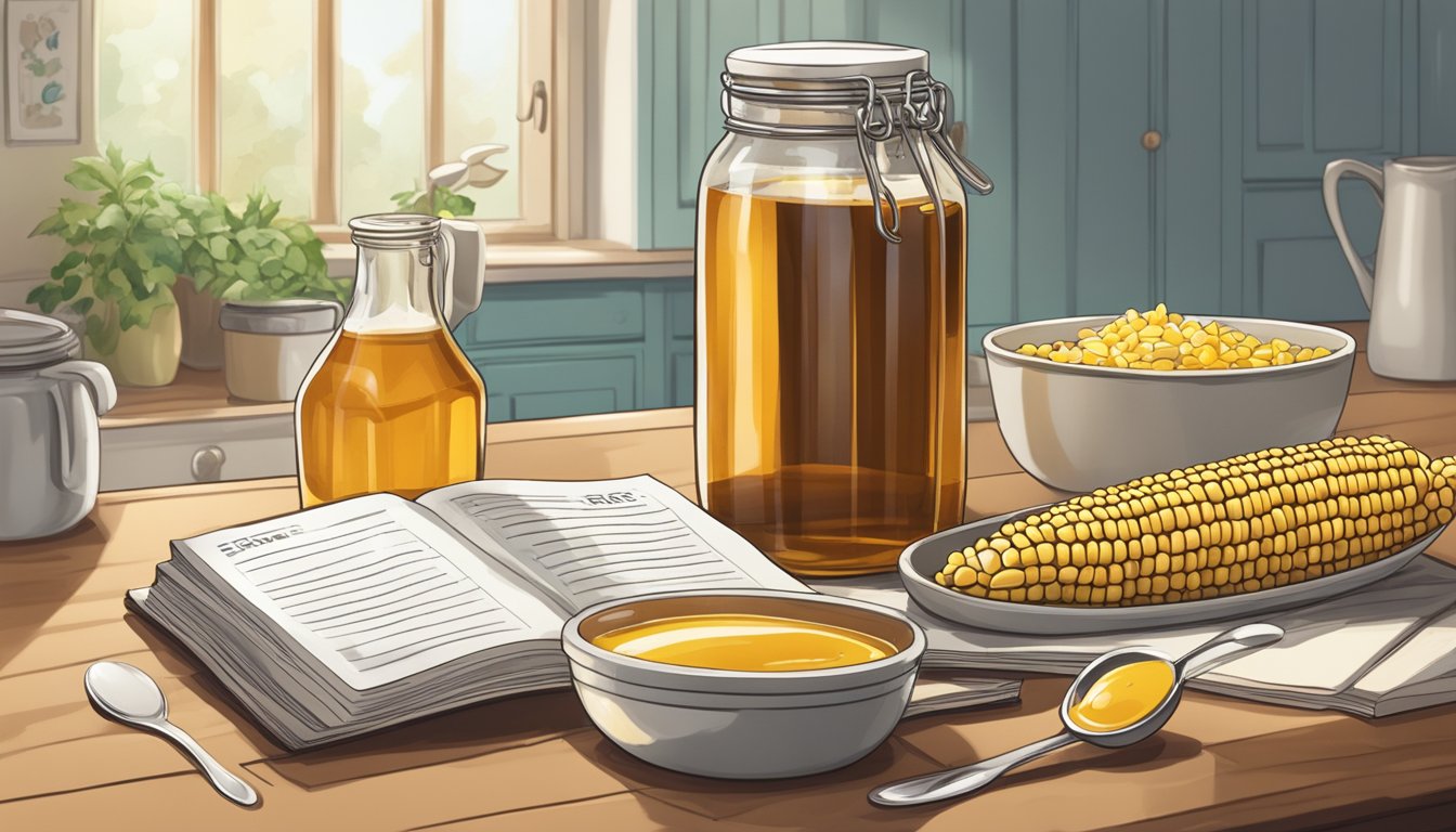 A jar of golden syrup and a bottle of corn syrup on a kitchen counter, surrounded by measuring spoons and a recipe book open to a page on substitution