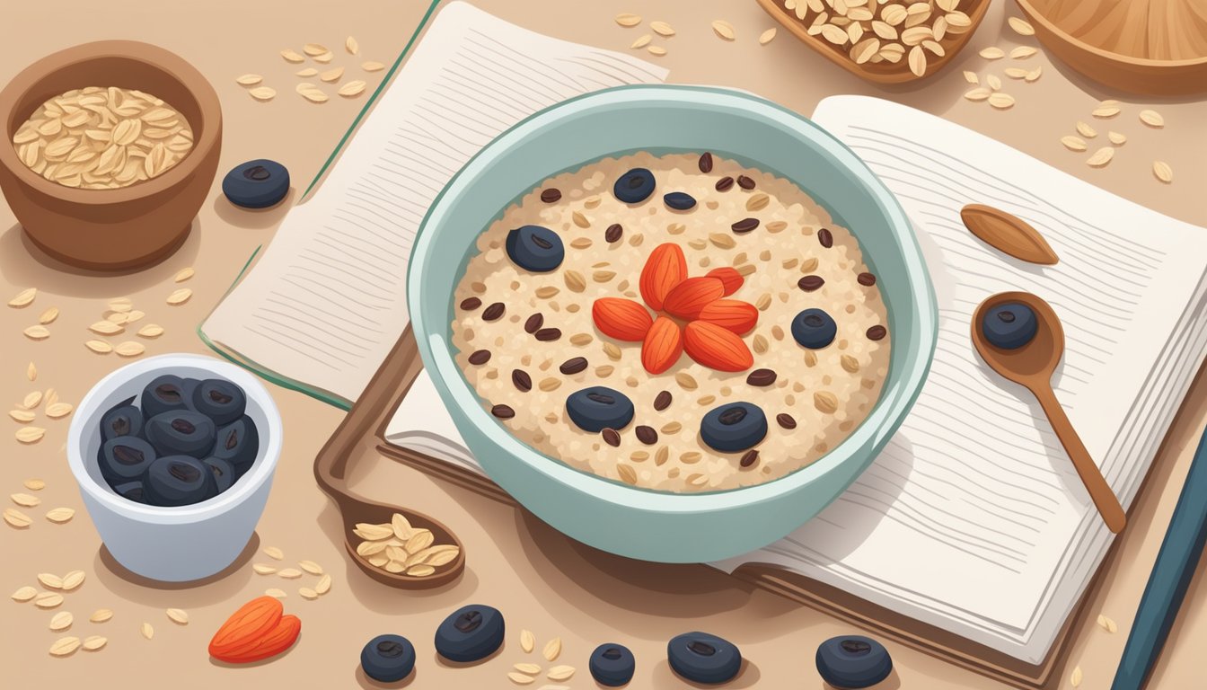 A bowl of oatmeal with goji berries replacing raisins, surrounded by various ingredients and a recipe book open to the page on substitutions