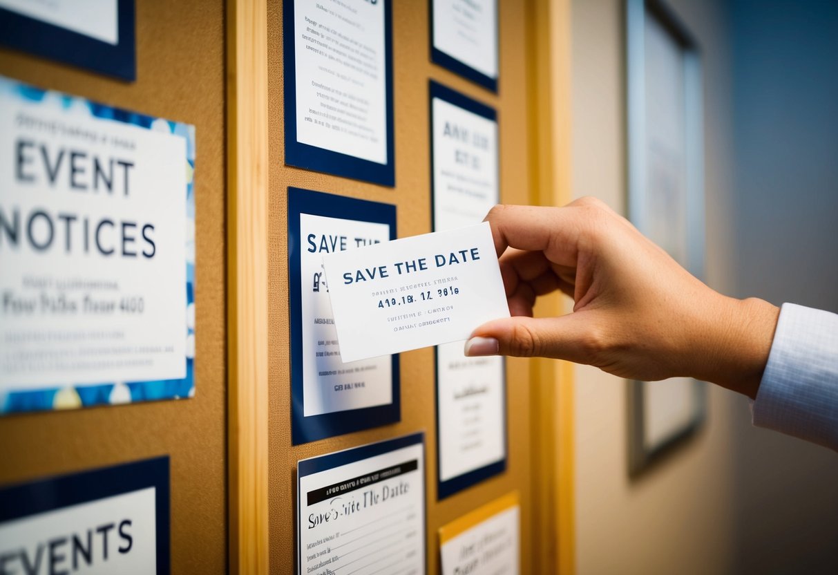 A hand places a save the date card on a bulletin board next to other event notices