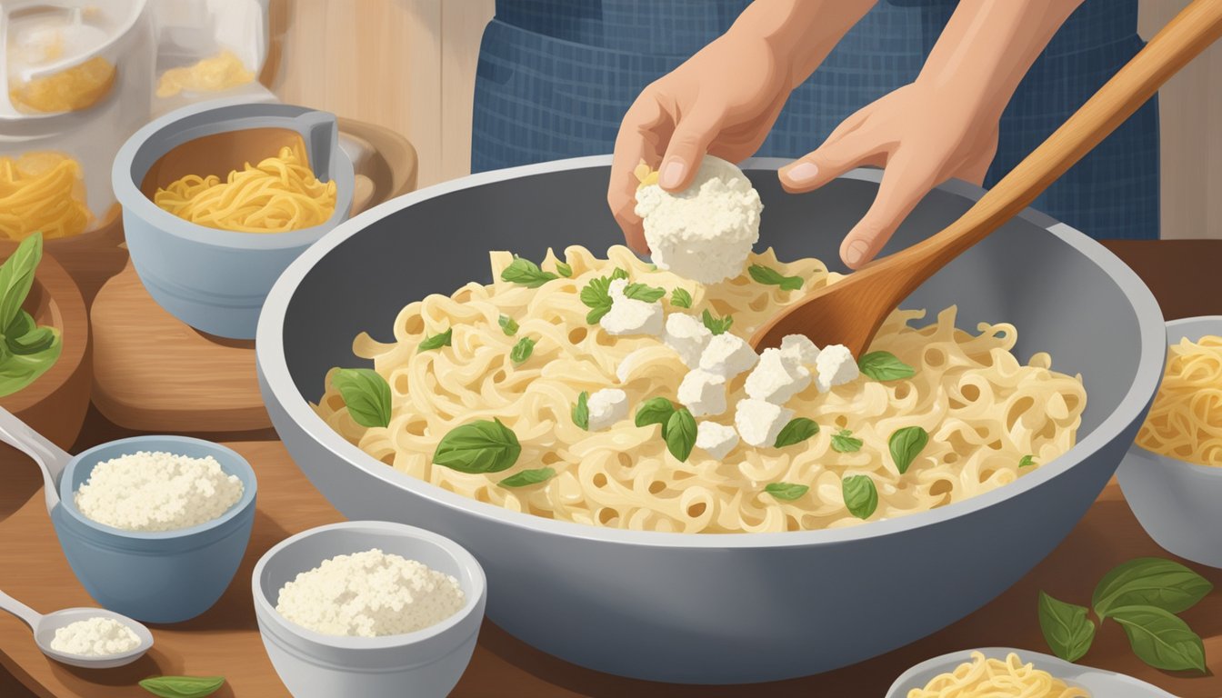 A chef adds crumbled goat cheese to a creamy pasta sauce, stirring it in with a wooden spoon. A bowl of ricotta sits to the side, illustrating the substitution