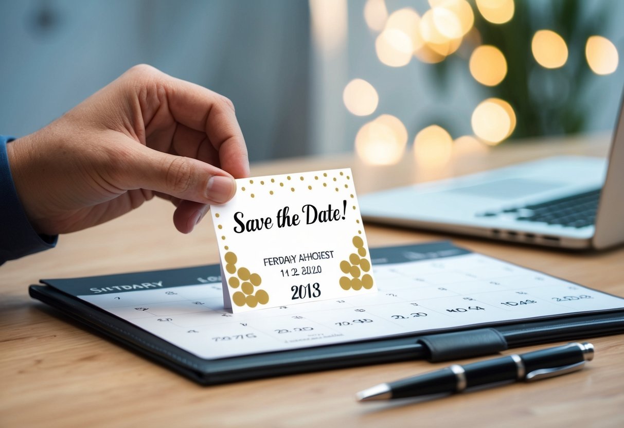 A hand placing a save the date card on a calendar with a pen nearby