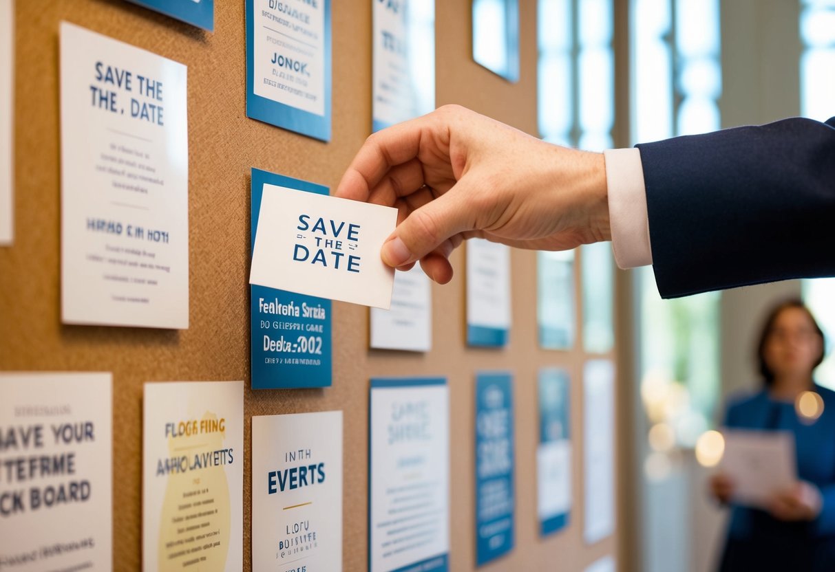 A hand placing a save the date card on a bulletin board filled with other event announcements