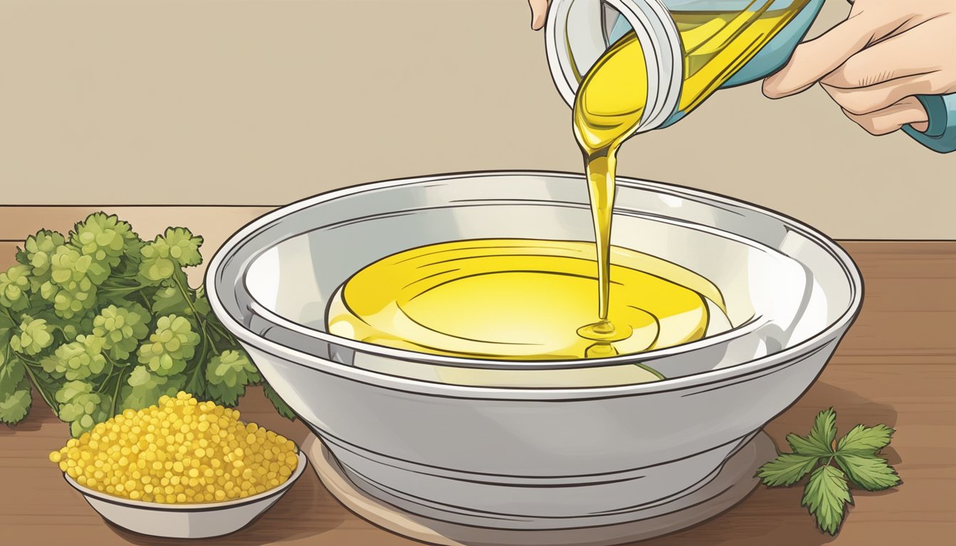 A chef pours grapeseed oil into a measuring cup, while a bottle of canola oil sits next to it