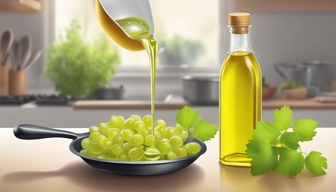 A bottle of grapeseed oil next to a bottle of canola oil, with a measuring spoon pouring grapeseed oil into a pan