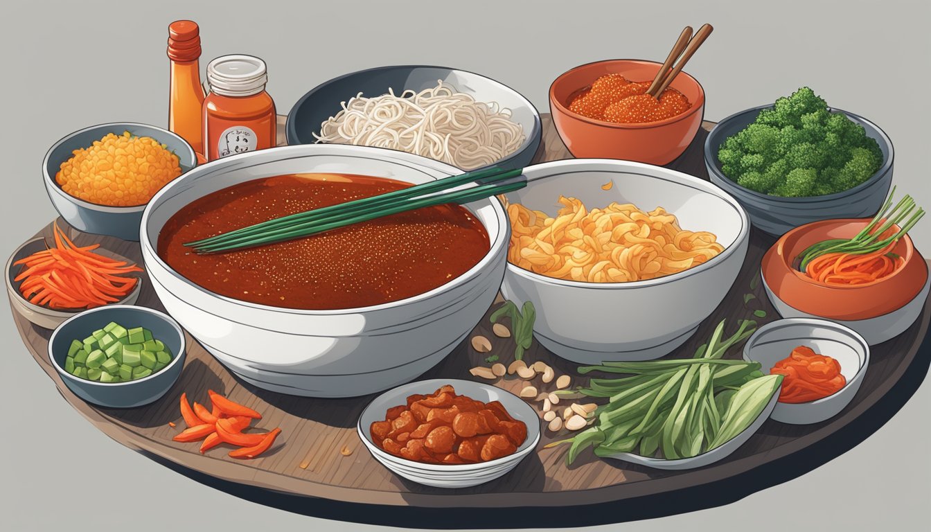 A bowl of gochujang and sriracha with various Korean cooking ingredients surrounding them