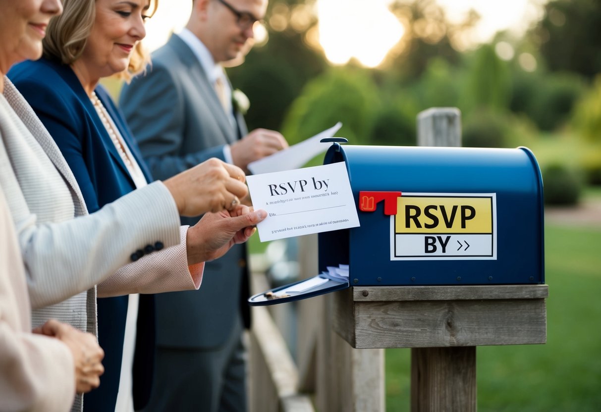 Guests filling out RSVP cards for a wedding, placing them in a mailbox with a "RSVP by" date highlighted