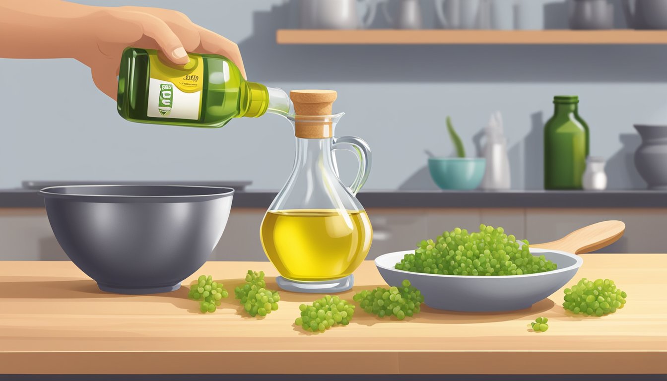 A chef pours grapeseed oil from a bottle into a measuring cup, while a bottle of canola oil sits nearby on a countertop