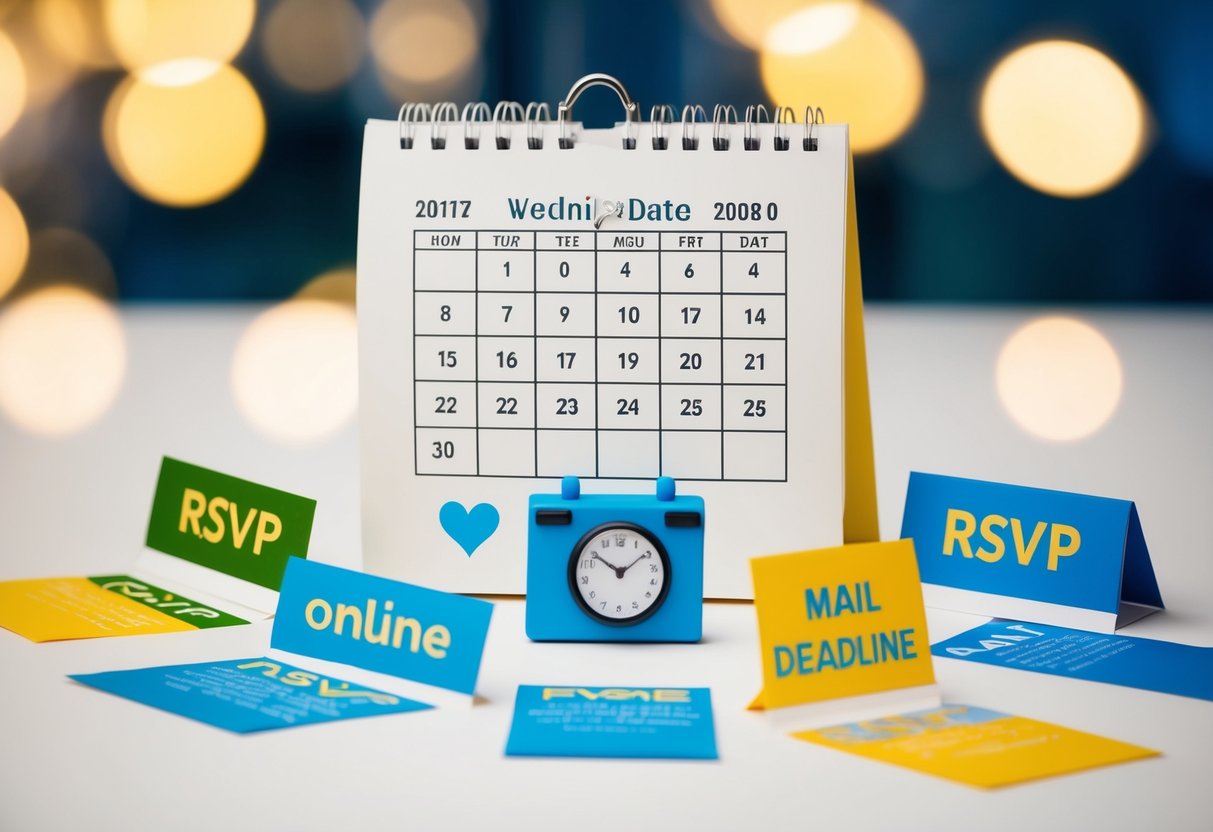 A calendar with a wedding date circled, surrounded by different types of RSVP options (online, phone, mail), with a clock showing a deadline for RSVPs