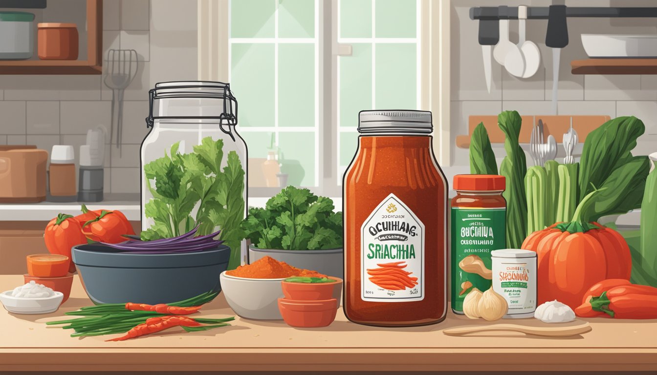 A jar of gochujang sits next to a bottle of sriracha on a kitchen counter, surrounded by various fresh ingredients and cooking utensils