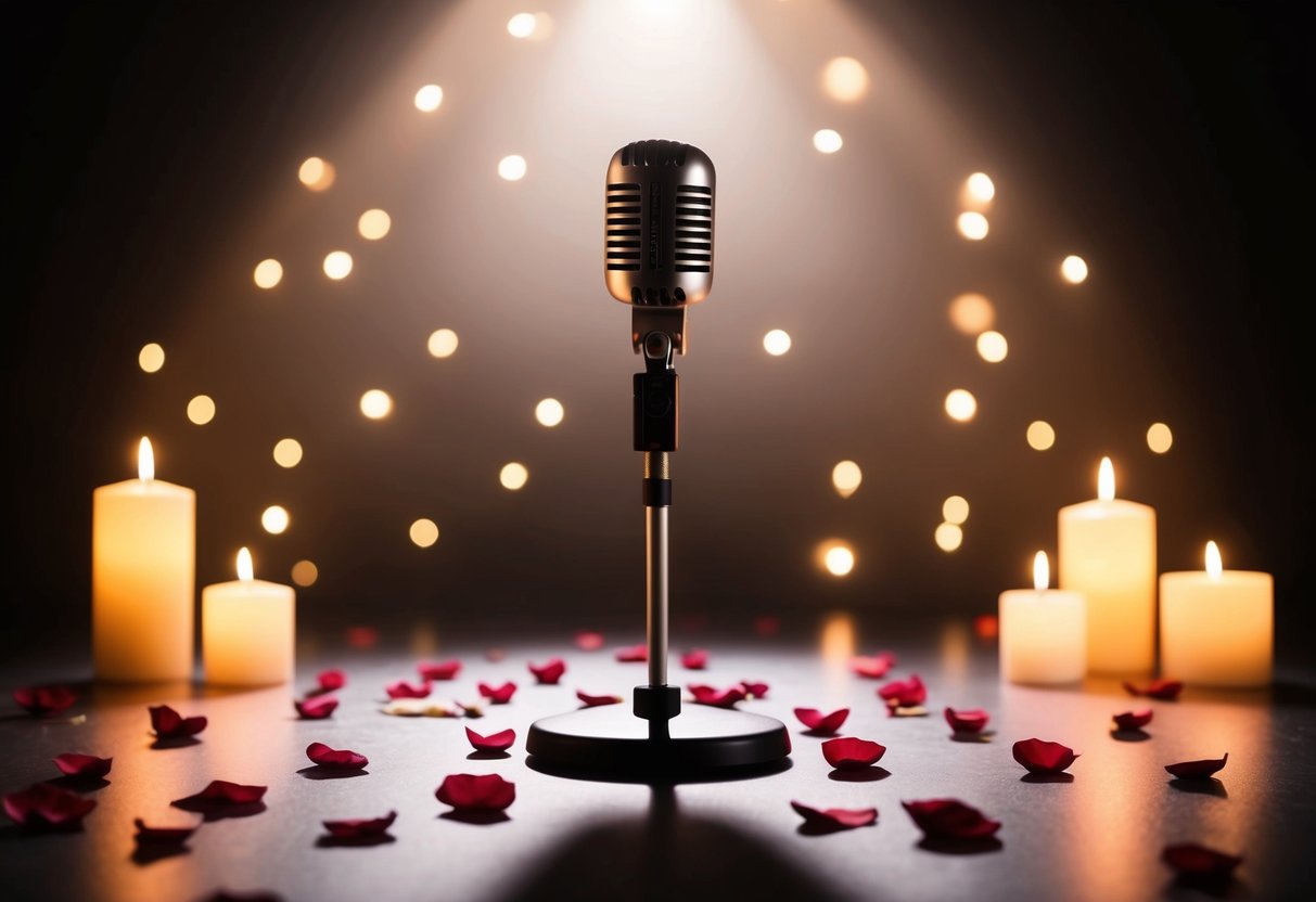 A solitary microphone stands center stage, bathed in a soft spotlight, surrounded by scattered rose petals and flickering candlelight