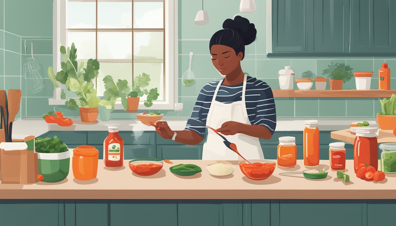 A person in a kitchen swaps out a bottle of sriracha for gochujang while adjusting a recipe for dietary restrictions. Ingredients and measuring tools are spread out on the counter