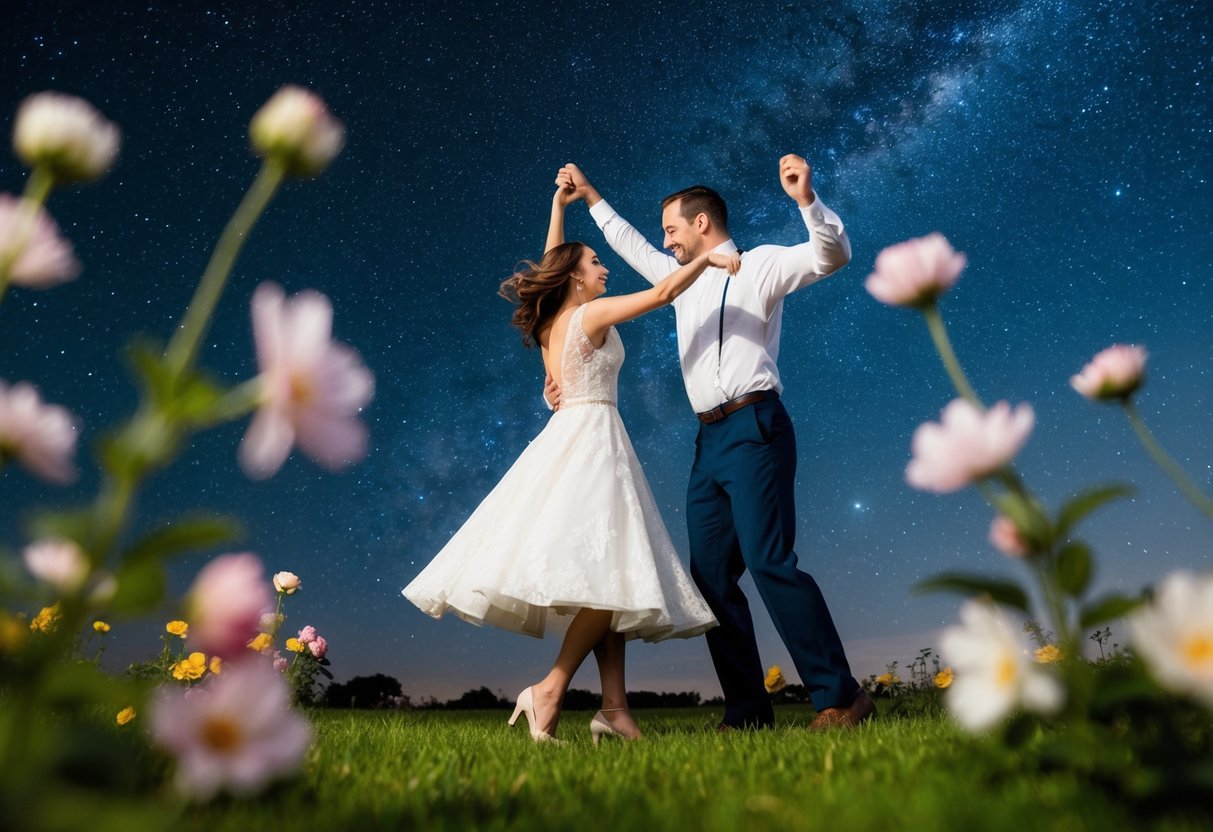 A couple dancing under a starry sky, surrounded by blooming flowers and a gentle breeze