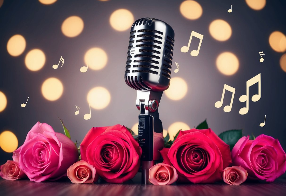 A microphone surrounded by roses and musical notes