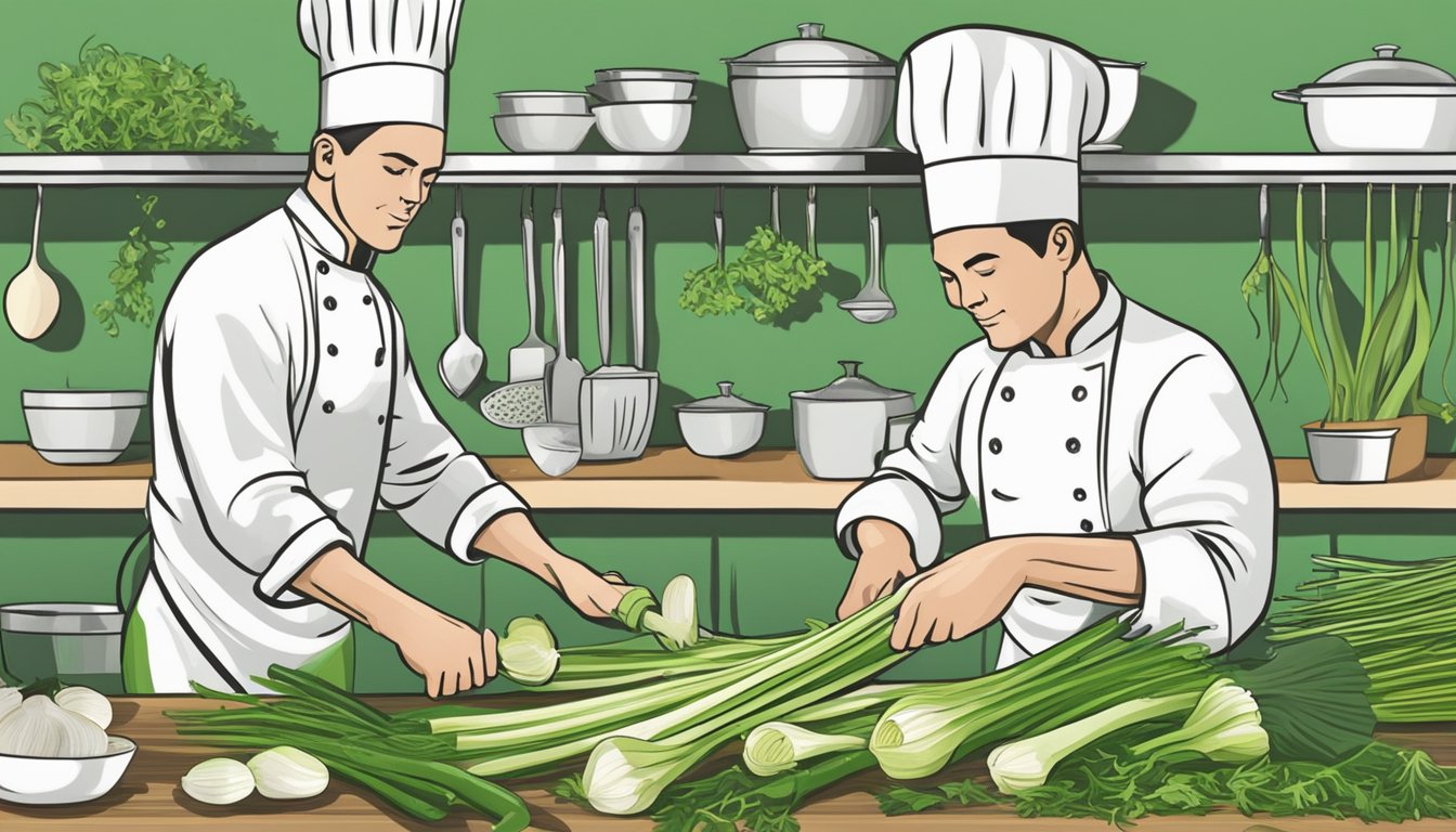 A chef chopping green garlic to substitute for leeks in a recipe