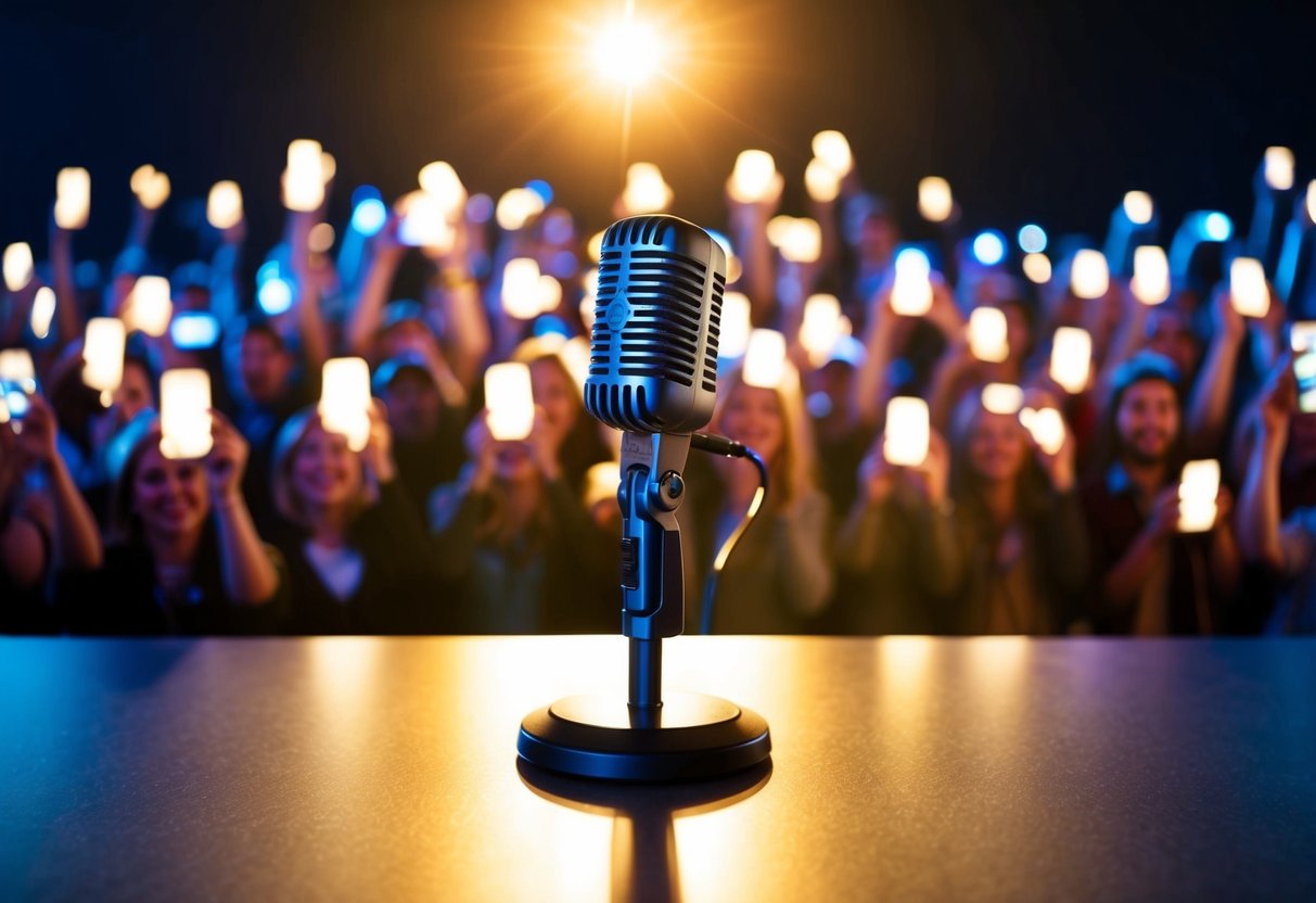 A microphone stands alone on a stage, bathed in a warm spotlight, surrounded by a sea of adoring fans holding up glowing cell phones