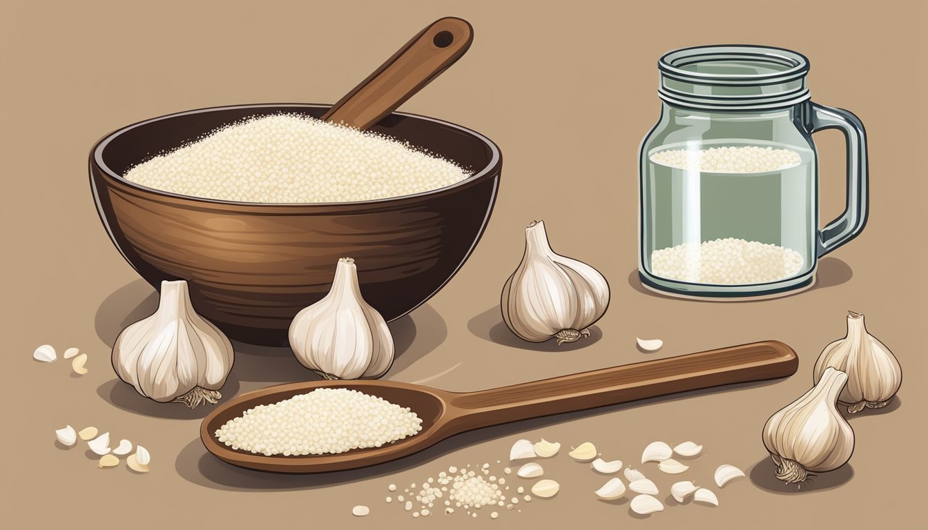 A measuring spoon pouring granulated garlic into a small bowl, next to a jar of garlic powder