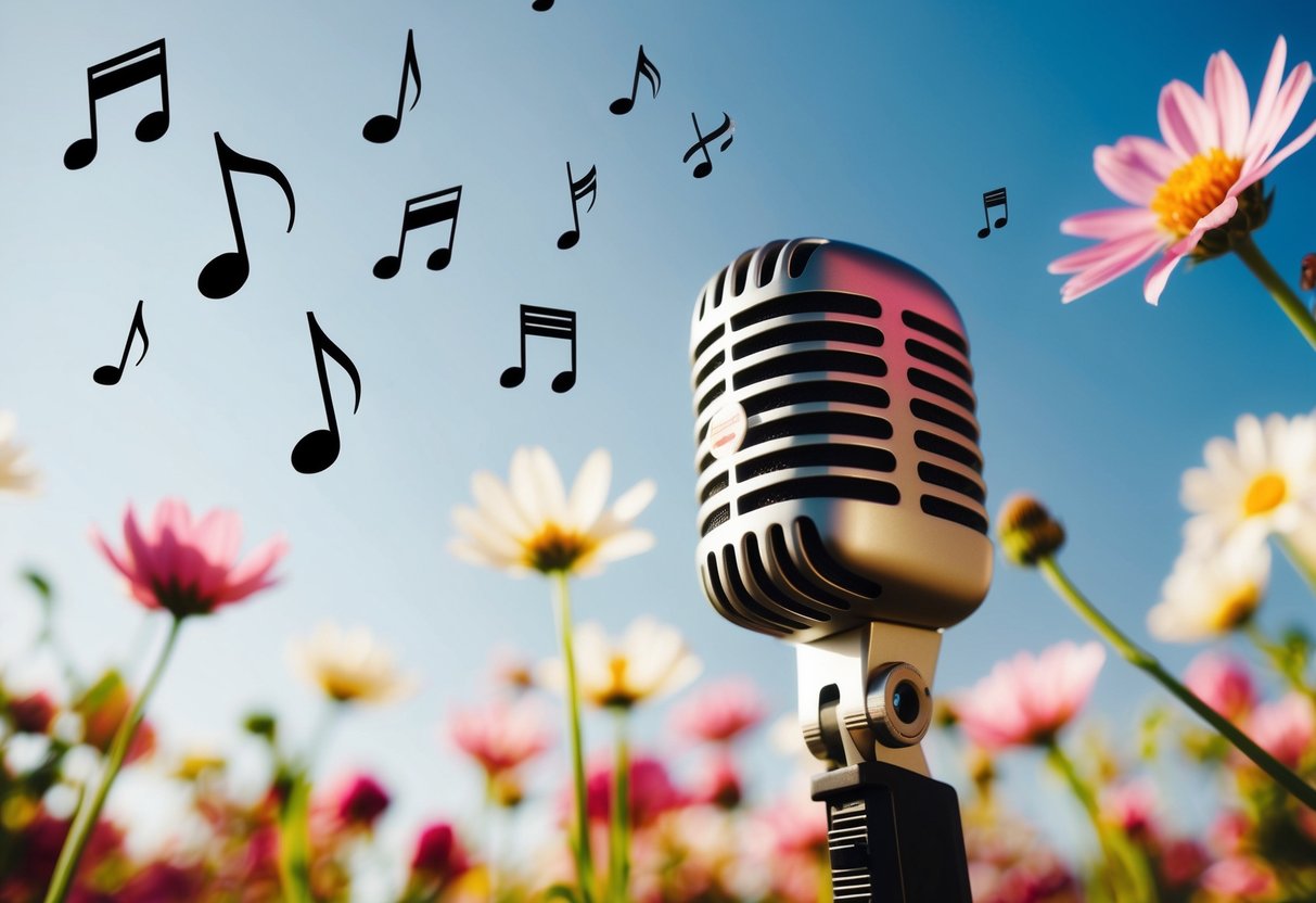 A microphone surrounded by blooming flowers, with musical notes floating in the air