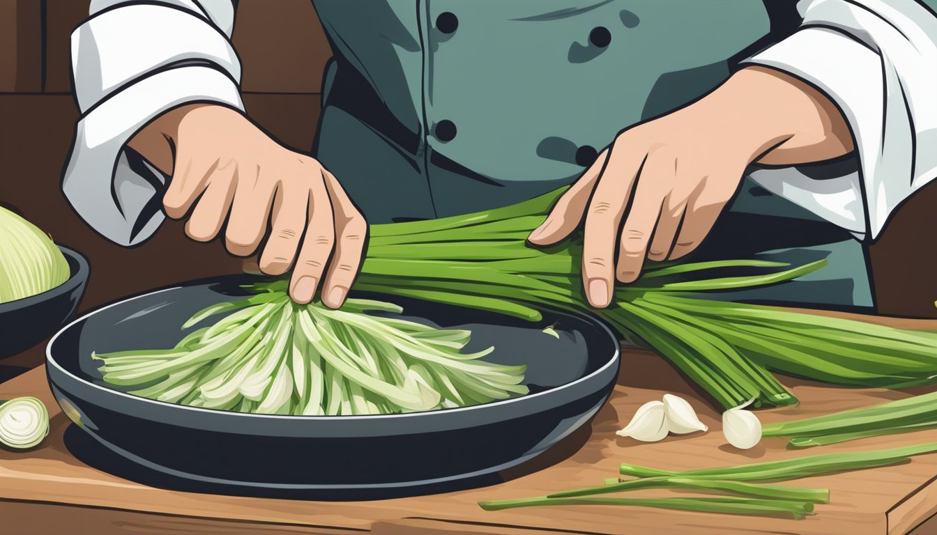 A chef slicing green garlic to replace leeks in a recipe, carefully adjusting for taste and texture