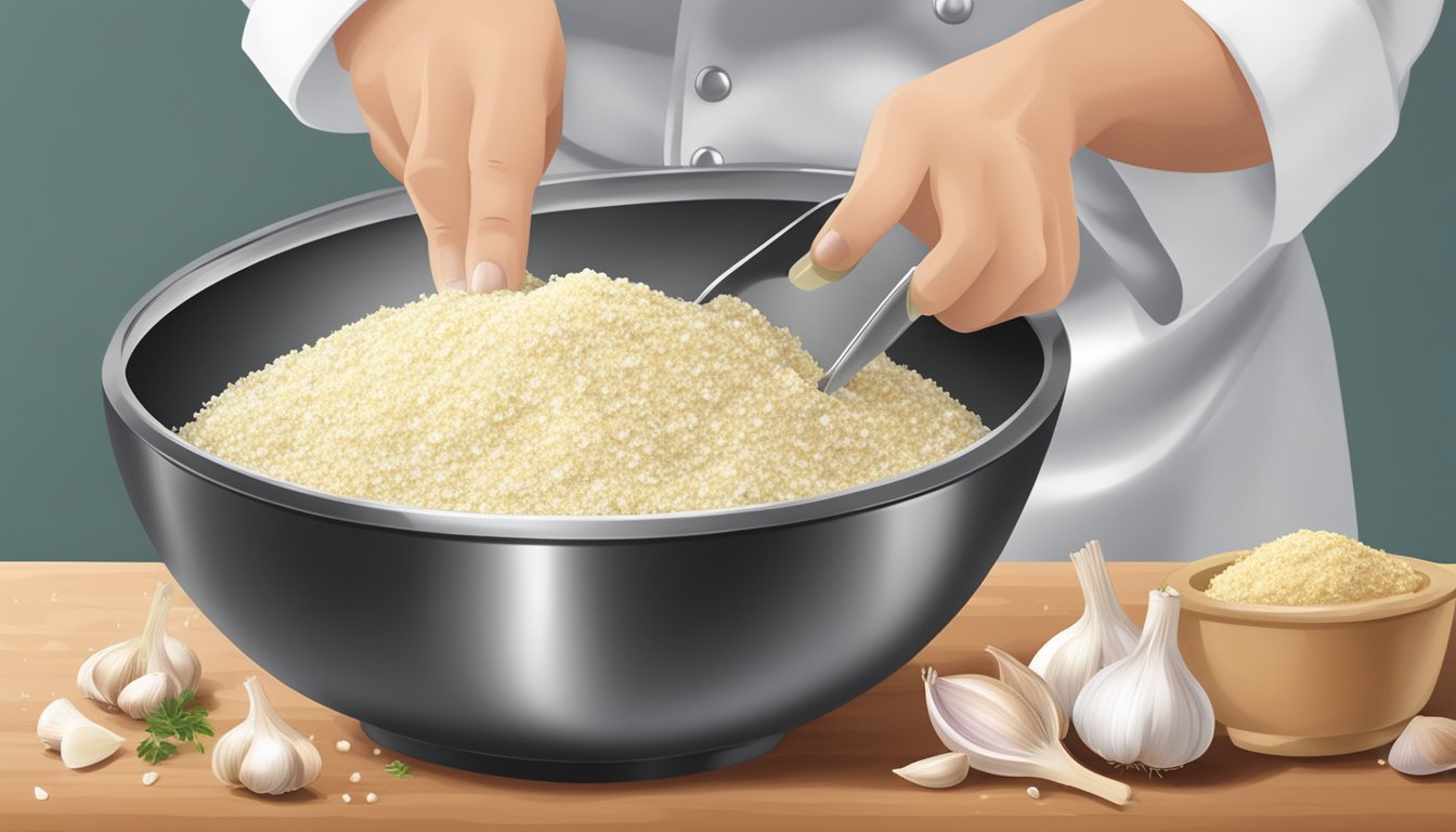 A chef sprinkles granulated garlic into a measuring spoon, replacing garlic powder in a recipe