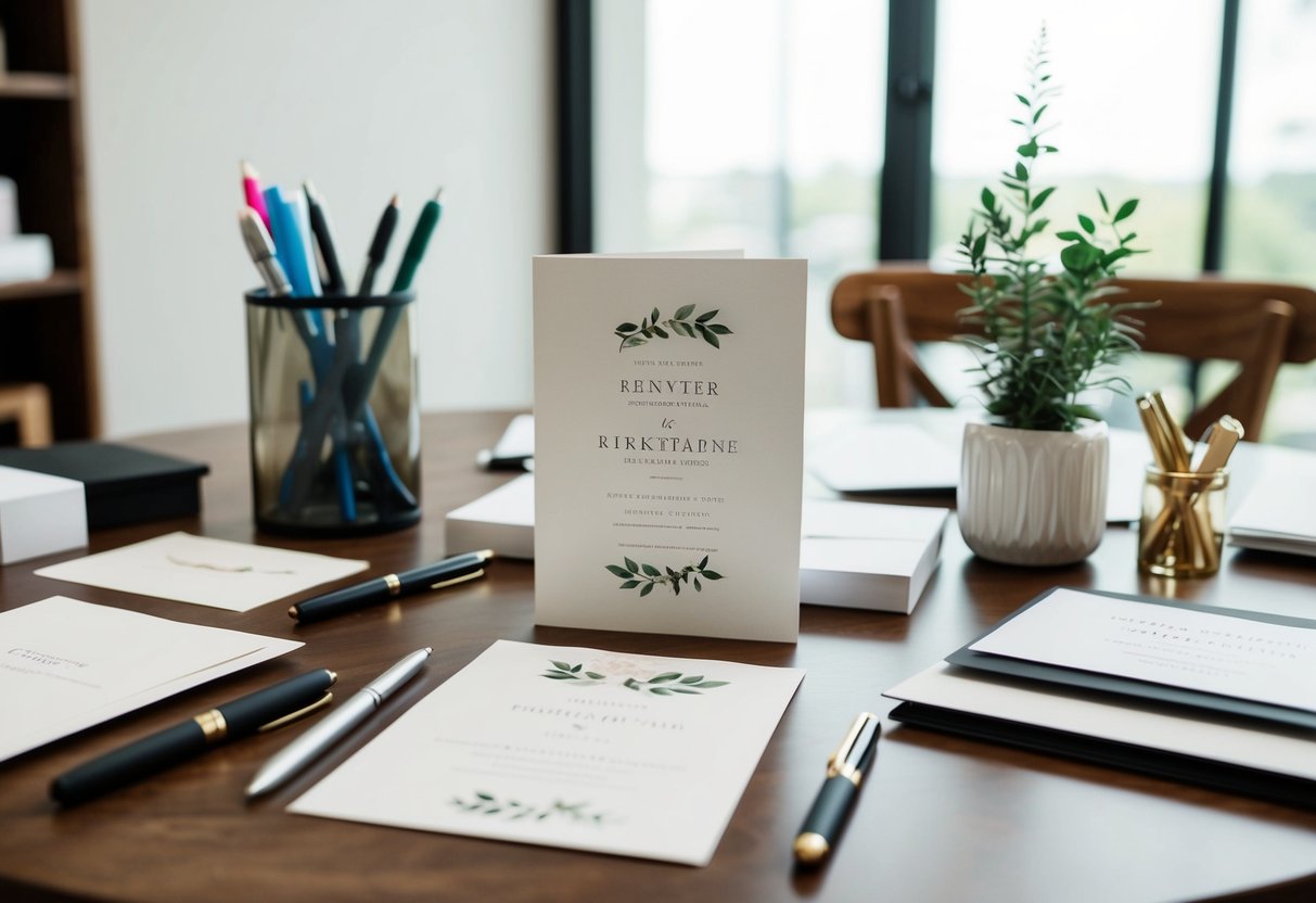 A table set with elegant wedding invitations, surrounded by pens and printing supplies
