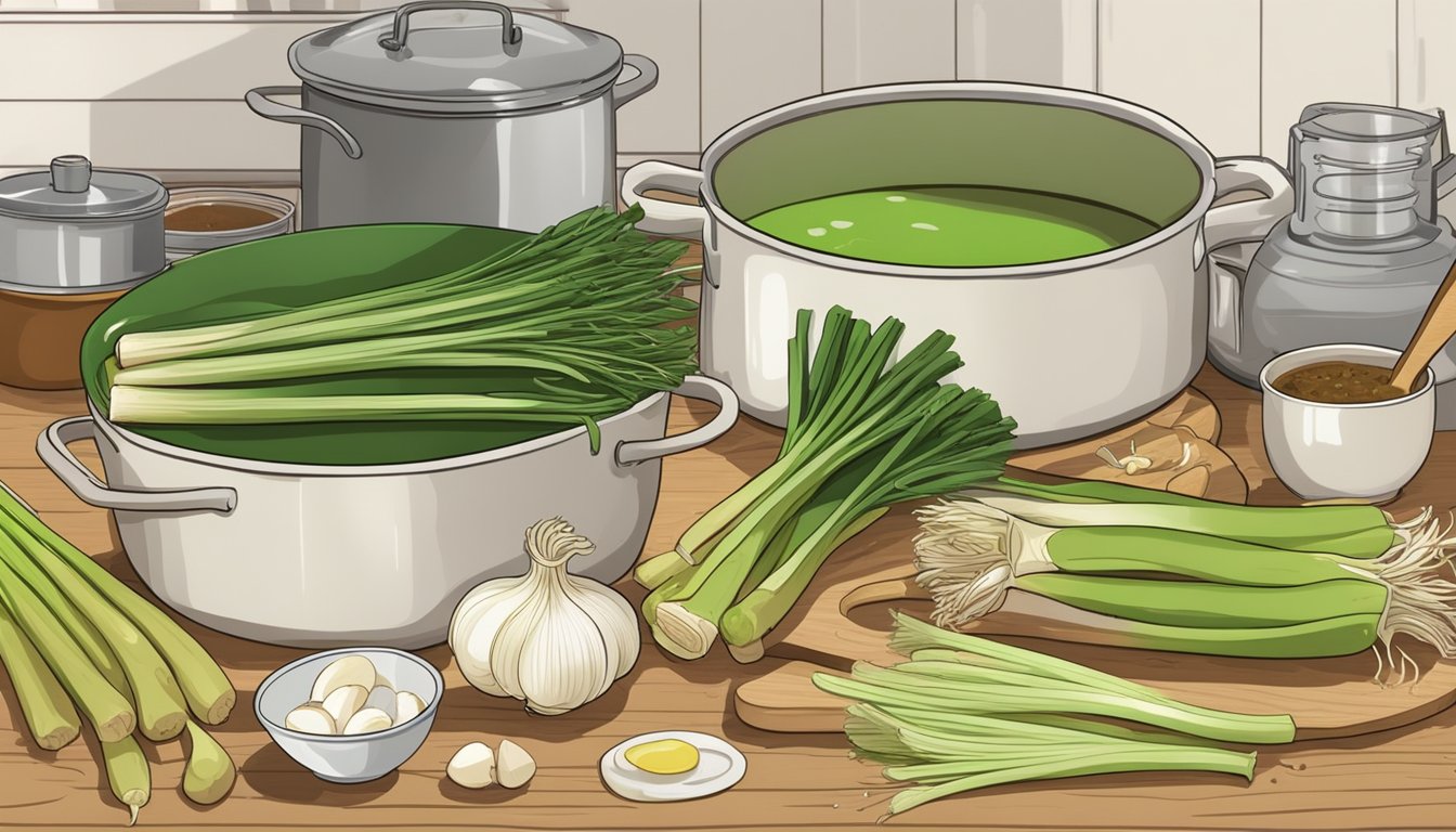 Green garlic replacing leeks in a simmering pot of soup, surrounded by various ingredients and kitchen utensils on a wooden countertop