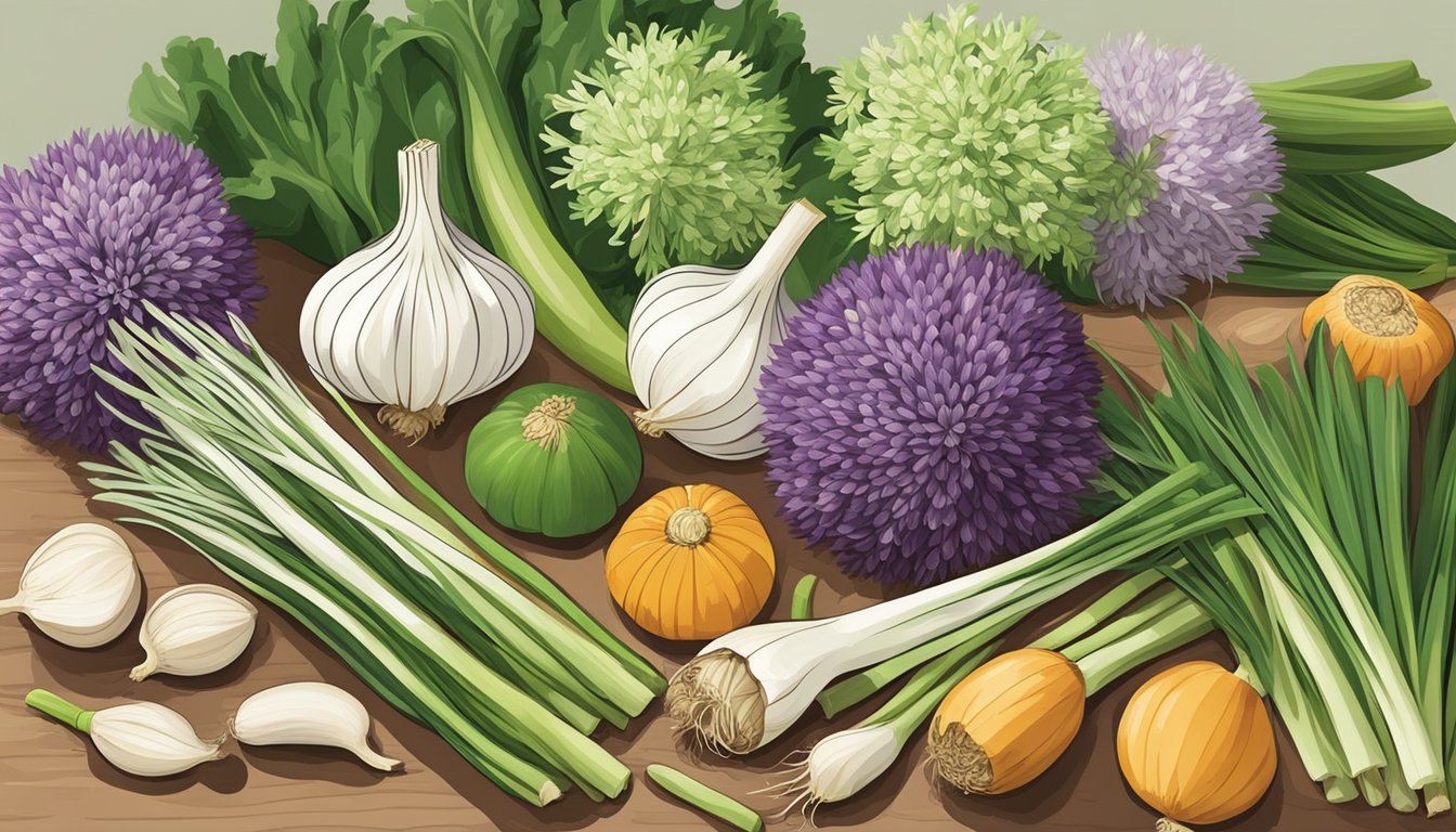 A kitchen counter with various allium vegetables like green garlic and leeks, showcasing their different shapes and sizes