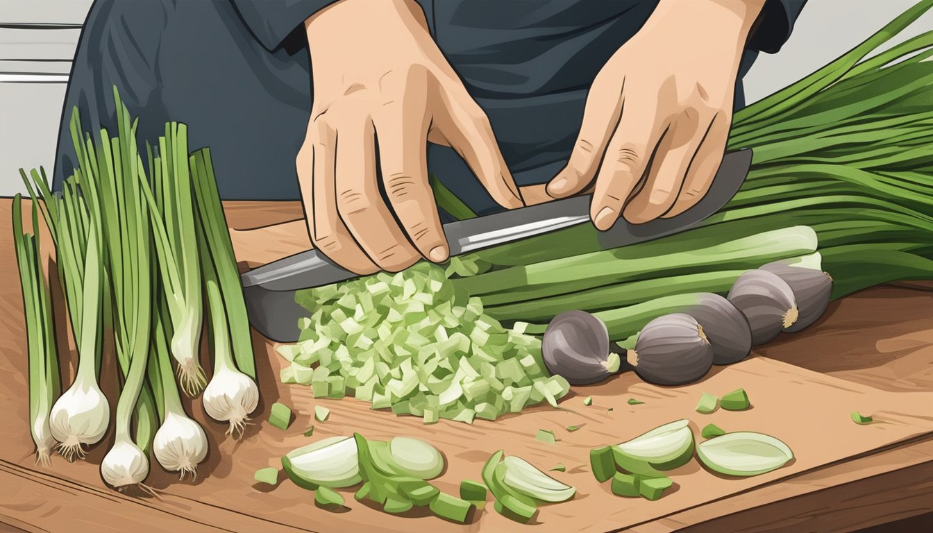 A chef chopping green garlic to substitute for leeks in a recipe