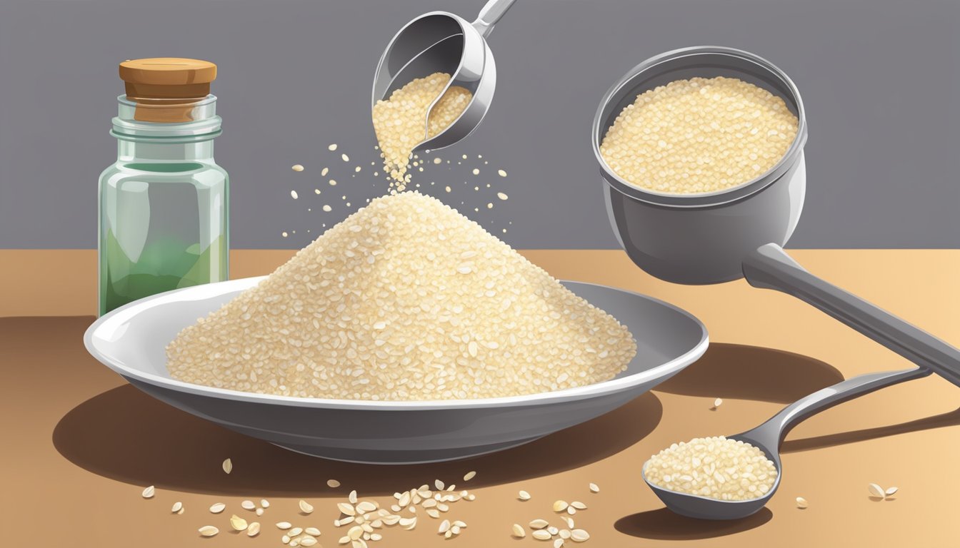 A hand pouring granulated garlic from a jar into a measuring spoon, with a jar of garlic powder in the background