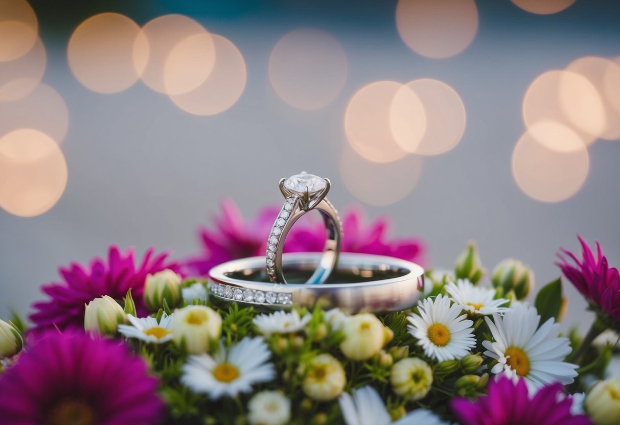 A pair of elegant wedding rings placed on a bed of fresh flowers
