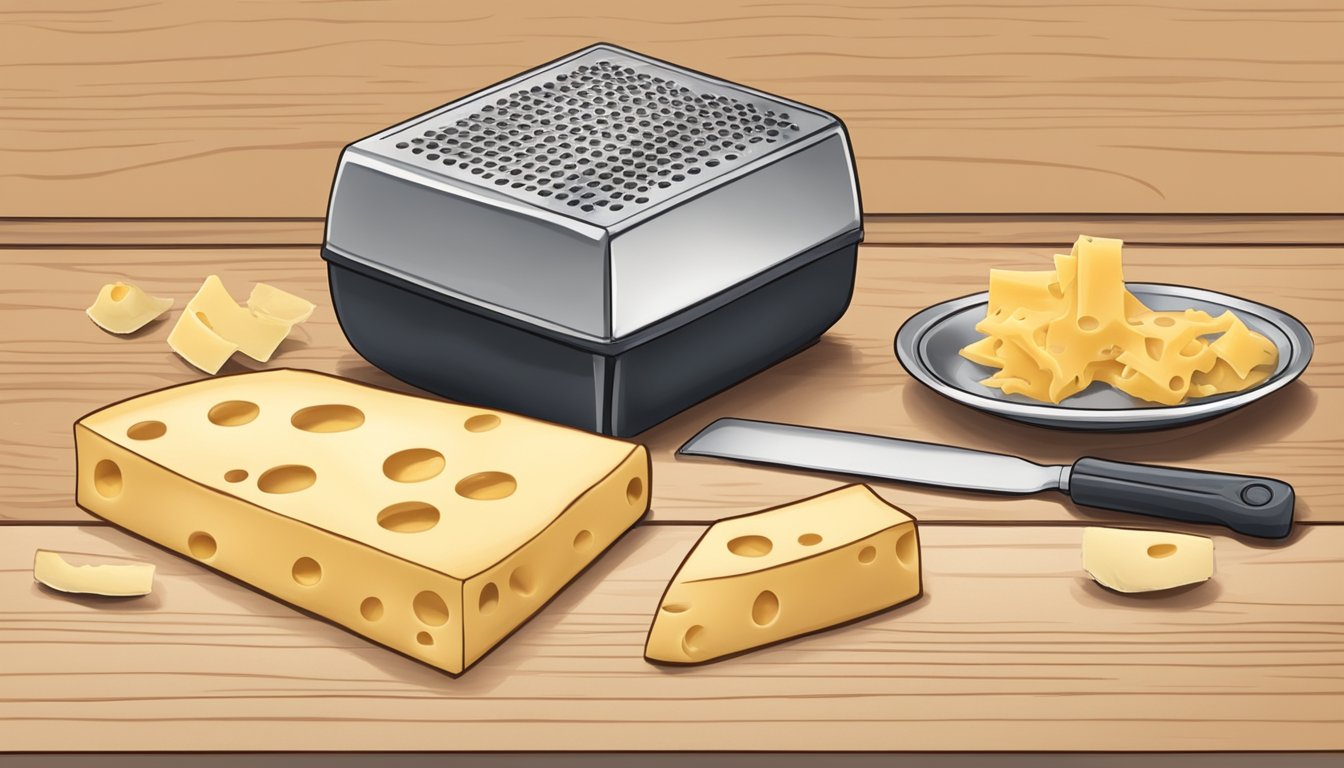 A block of gruyere and emmental cheese sitting on a wooden cutting board with a cheese grater and a bowl of shredded cheese next to them