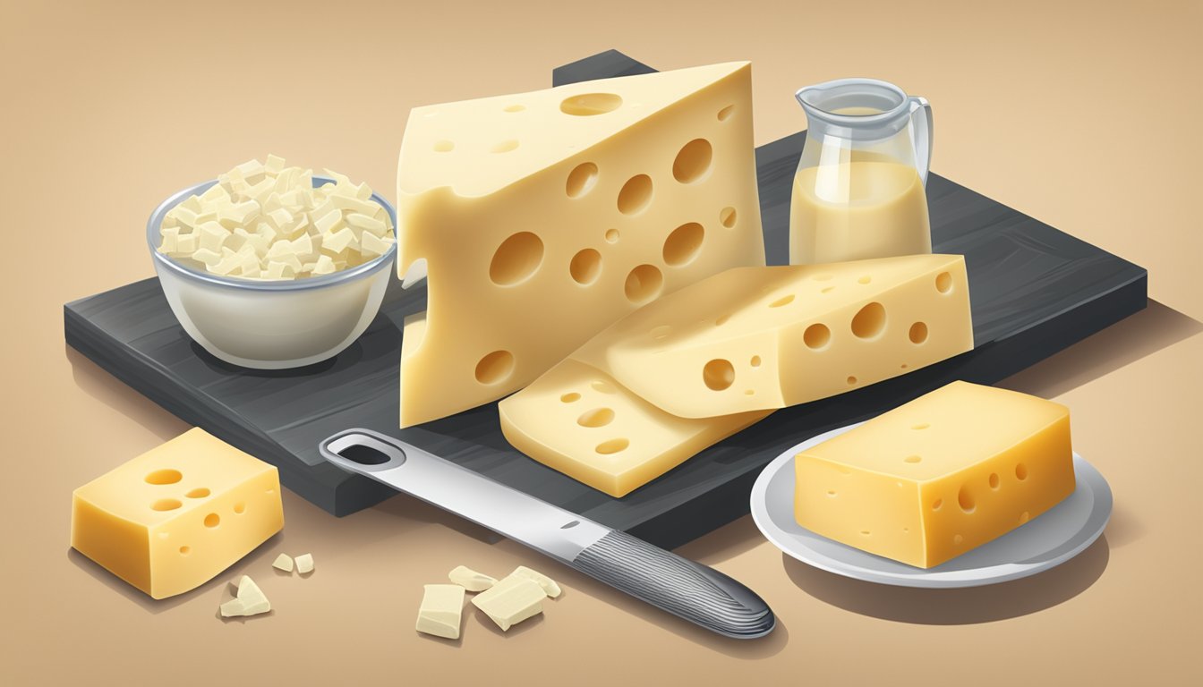 A block of gruyère cheese sits next to a block of Emmental cheese, with a cheese grater and a measuring cup nearby