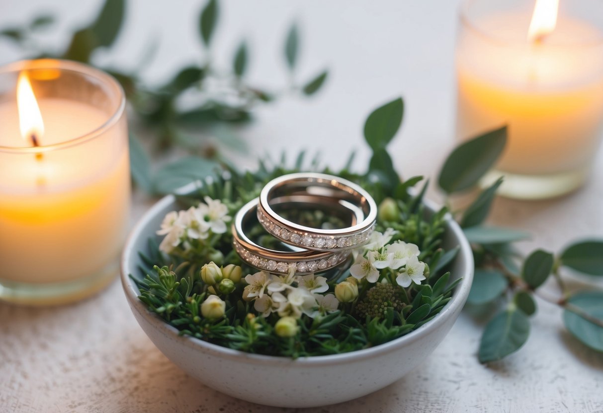 A pair of elegant wedding rings resting on a bed of fresh flowers, surrounded by delicate greenery and soft candlelight