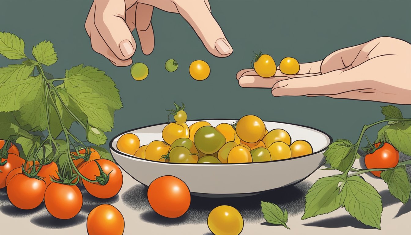 A bowl of ground cherries next to a bowl of cherry tomatoes, with a hand reaching for a ground cherry