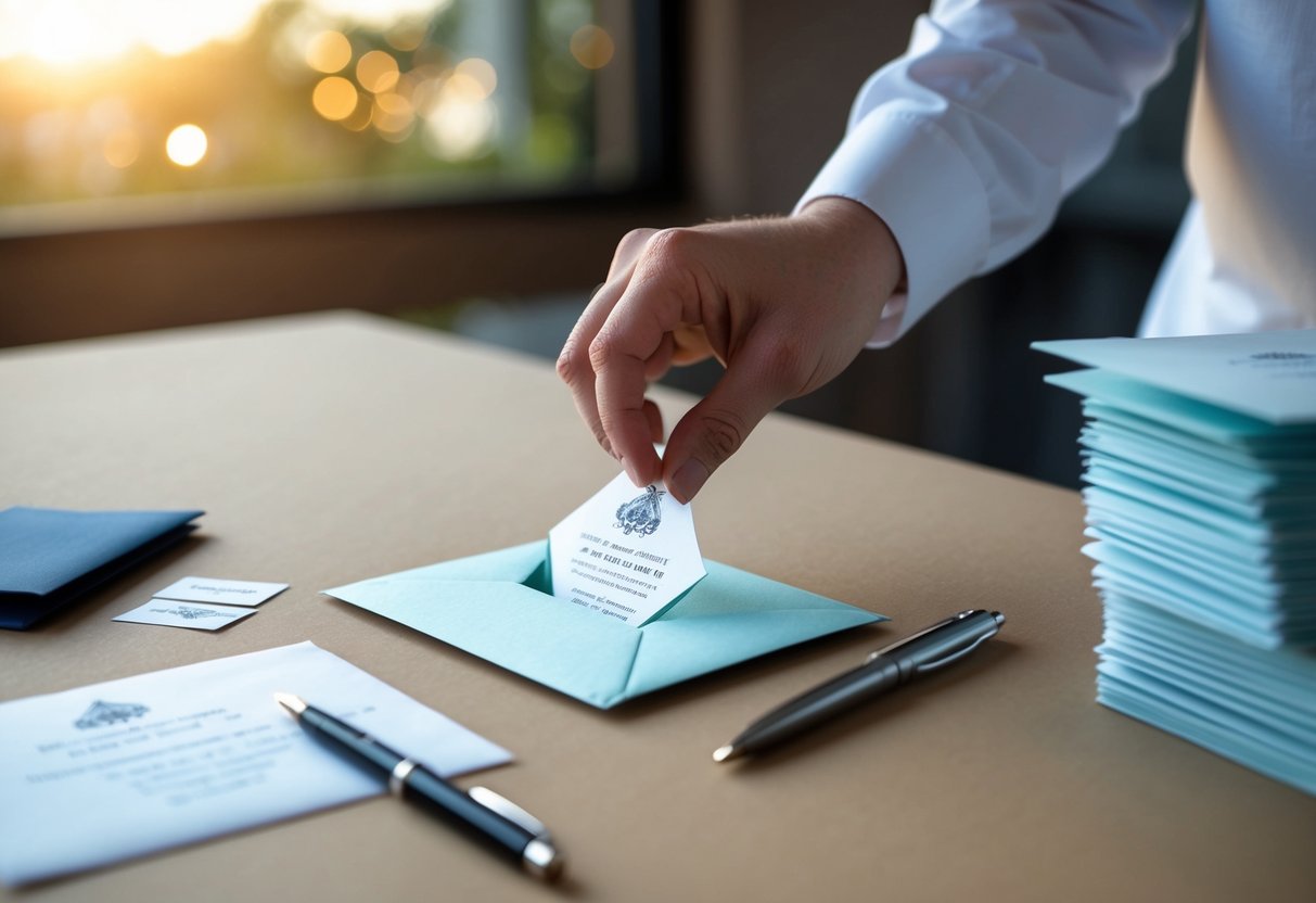 A hand placing a wedding invitation in an envelope, with a pen and stack of completed invitations nearby