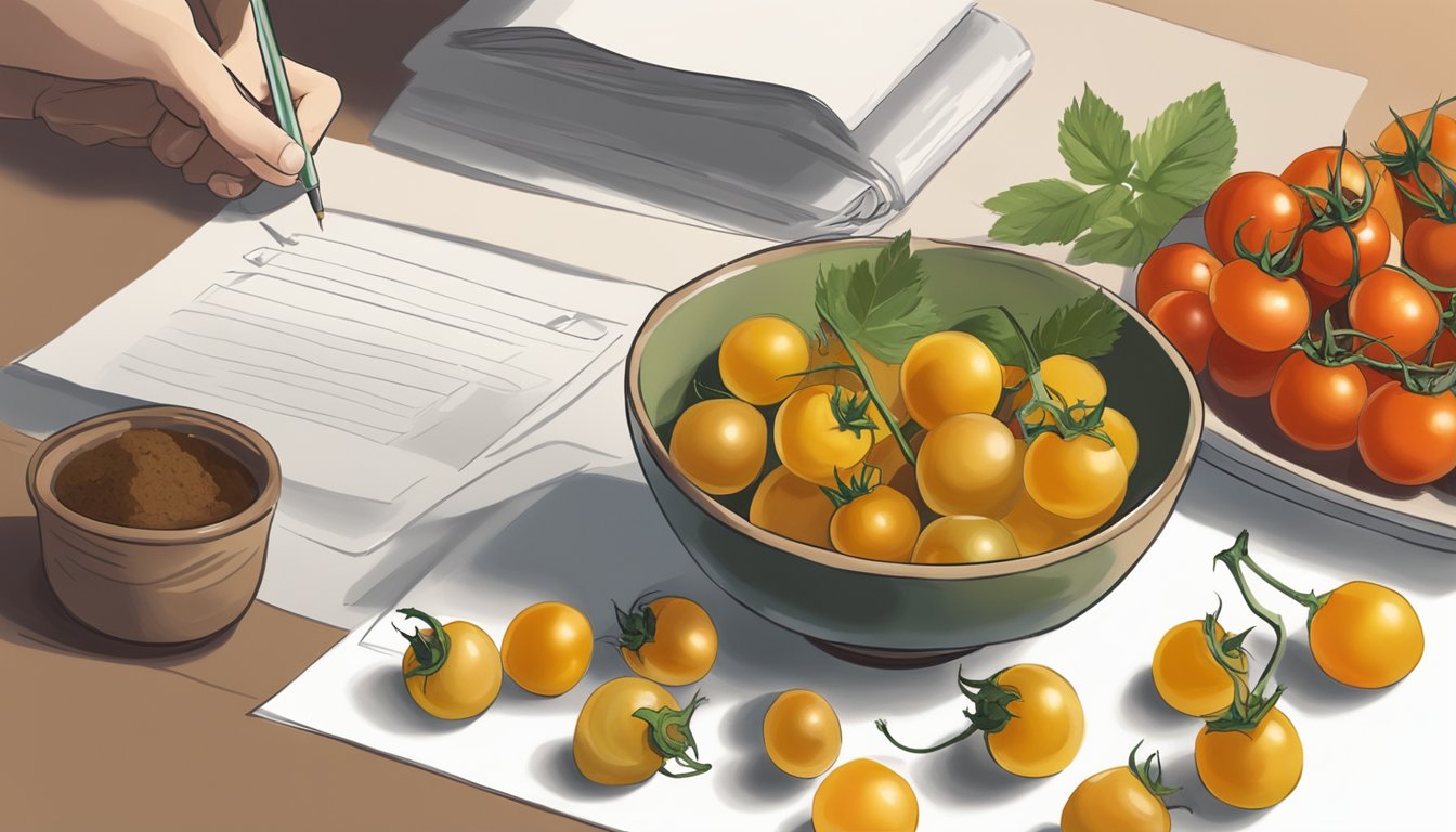 A bowl of ground cherries sits next to a bowl of cherry tomatoes, with a person comparing them and making notes on a piece of paper