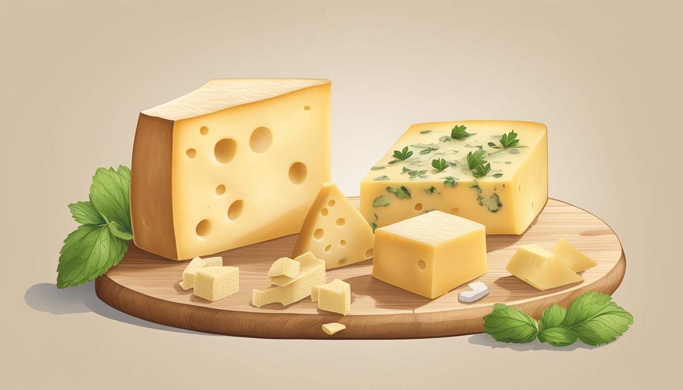 A block of gruyère cheese next to a wedge of emmental, with various other cheese substitutes arranged around them