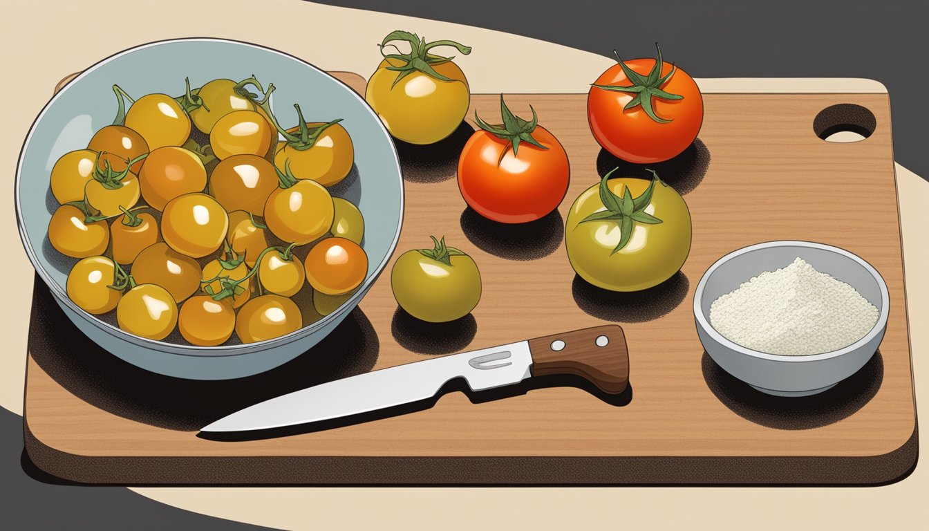 A bowl of ground cherries and cherry tomatoes side by side, with a chef's knife and cutting board, showcasing the comparison of their flavor profiles