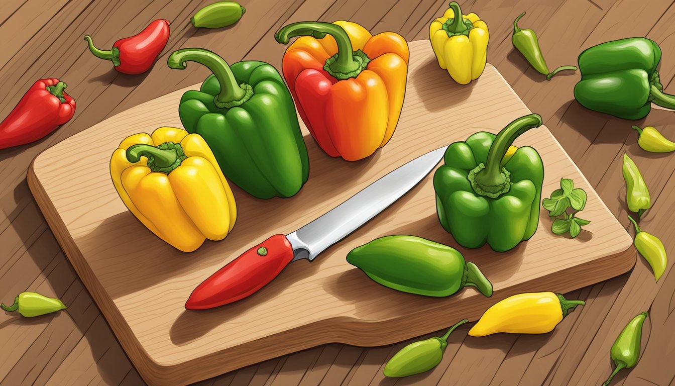 A colorful array of peppers - green, red, and yellow - arranged on a cutting board, with a knife slicing through the green bell pepper