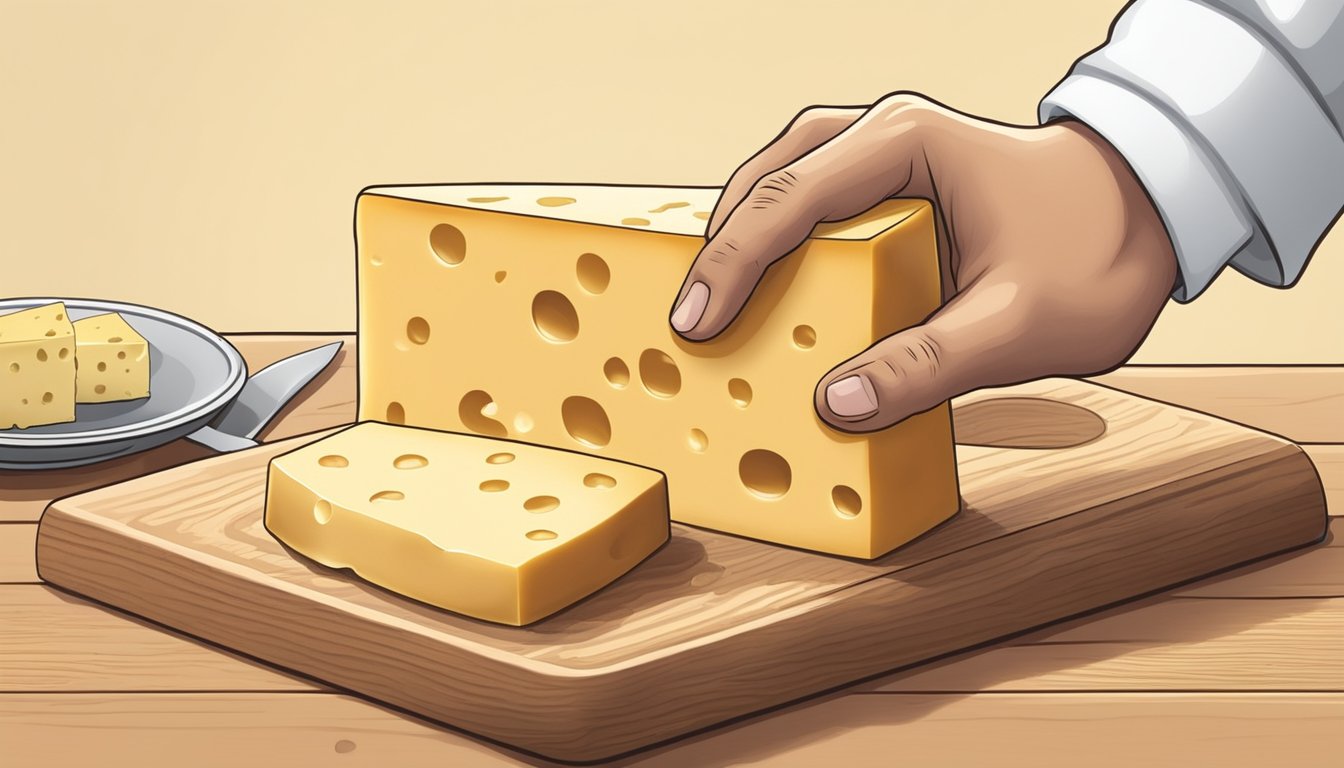 A chef reaching for a block of gruyere cheese on a wooden cutting board, with a wheel of emmental cheese nearby