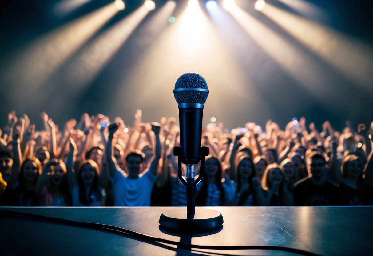 A stage with a spotlight shining on a microphone, surrounded by a sea of cheering fans