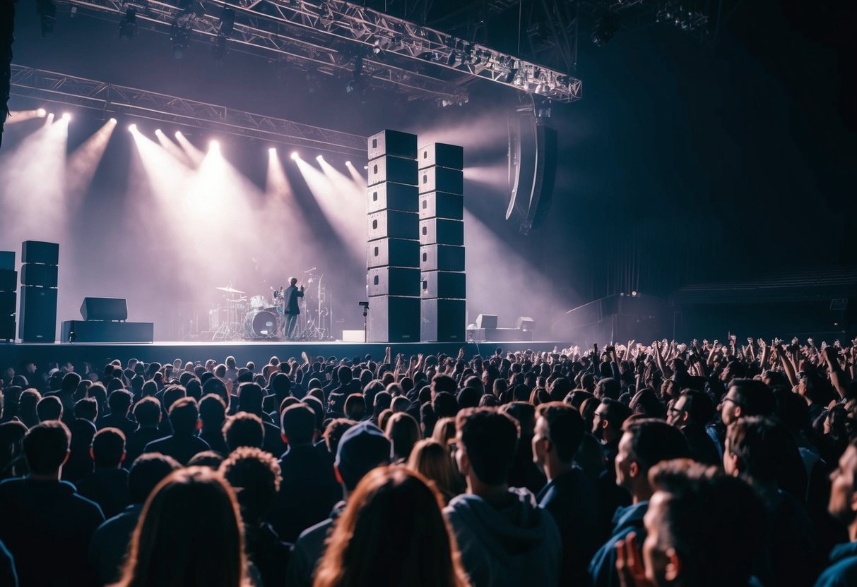 A grand stage with a spotlight on a towering stack of speakers, surrounded by a sea of cheering fans