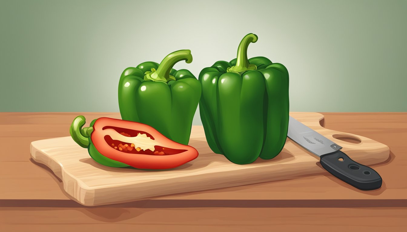 A green bell pepper sitting next to a red bell pepper, with a knife and cutting board in the background