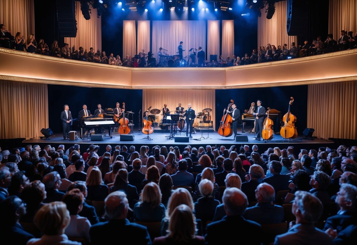 A grand stage with musical instruments from different eras, surrounded by a diverse audience in awe