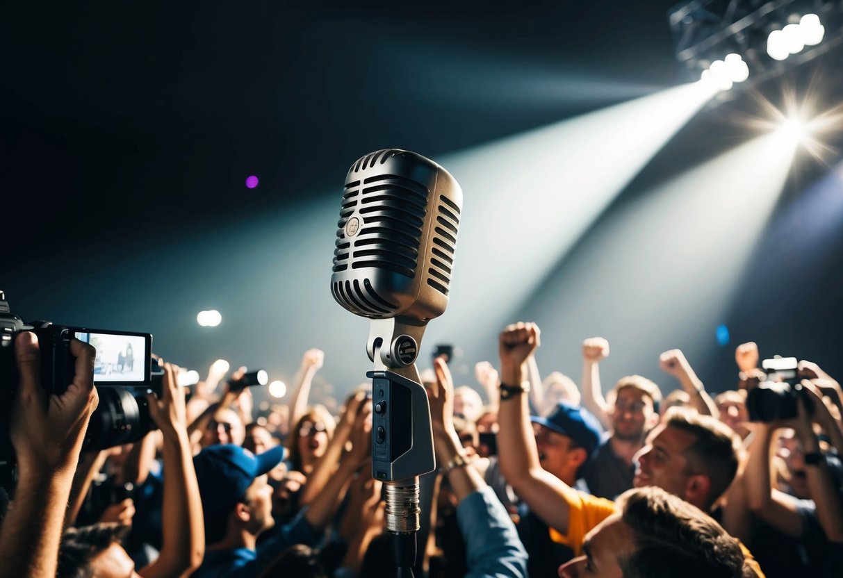 A spotlight shining on a vintage microphone, surrounded by a crowd of cheering fans and flashing cameras
