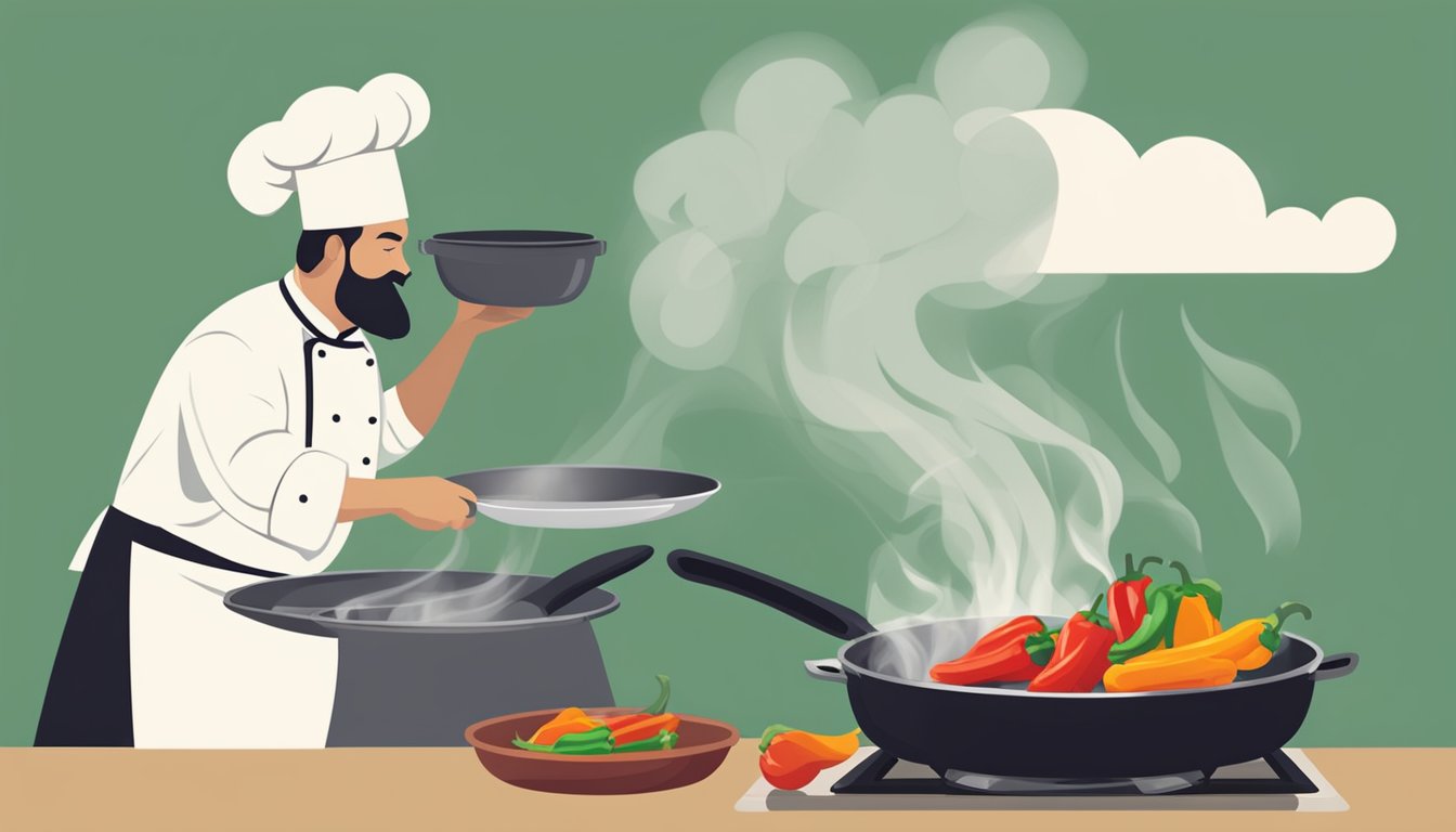 A chef swaps out red bell peppers for green in a sizzling skillet. Smoke rises as the peppers sizzle and char, filling the kitchen with a savory aroma