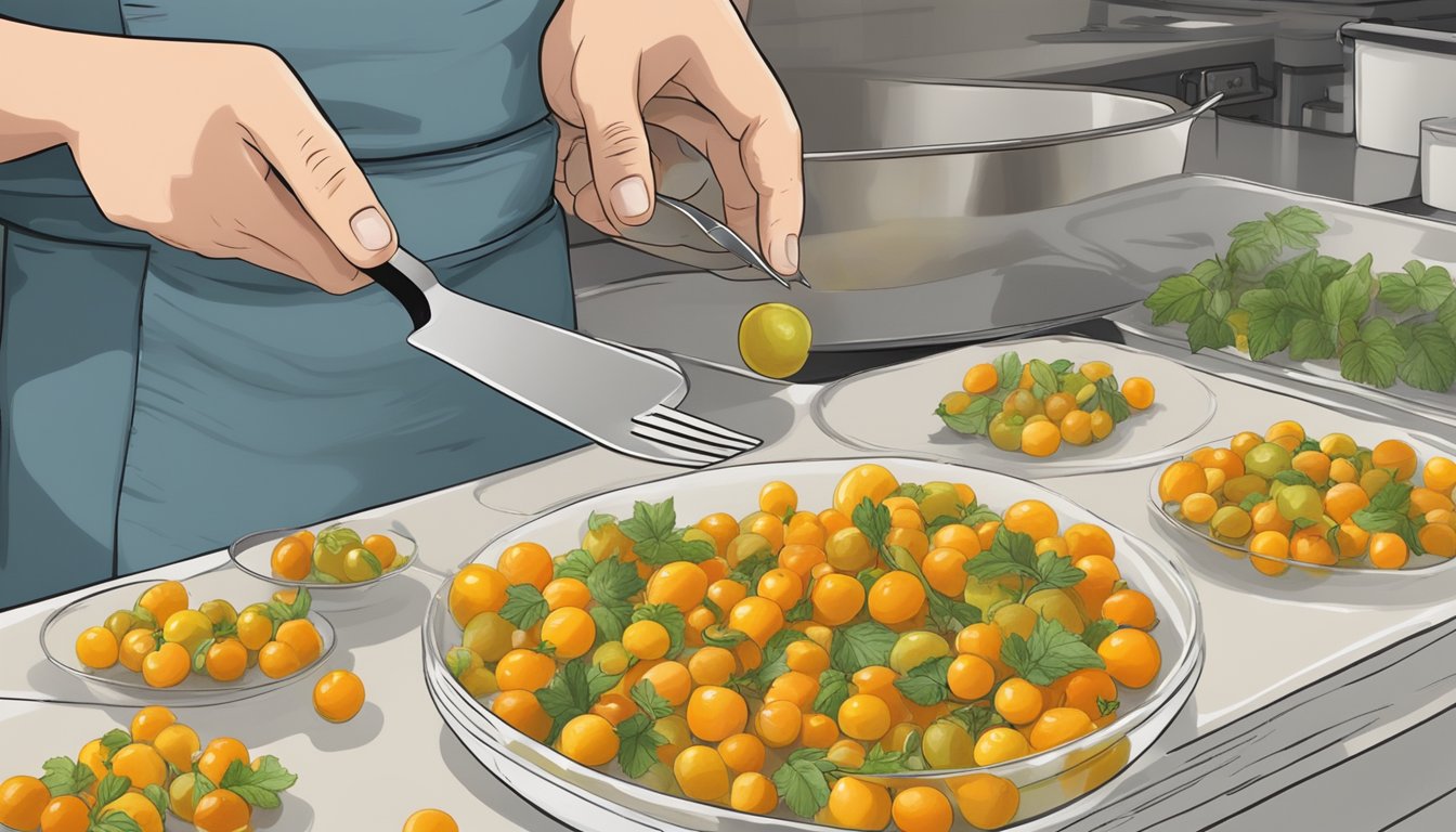 Ground cherries being used in place of cherry tomatoes in a dessert recipe, with a chef swapping out the tomatoes for the sweet and tangy ground cherries