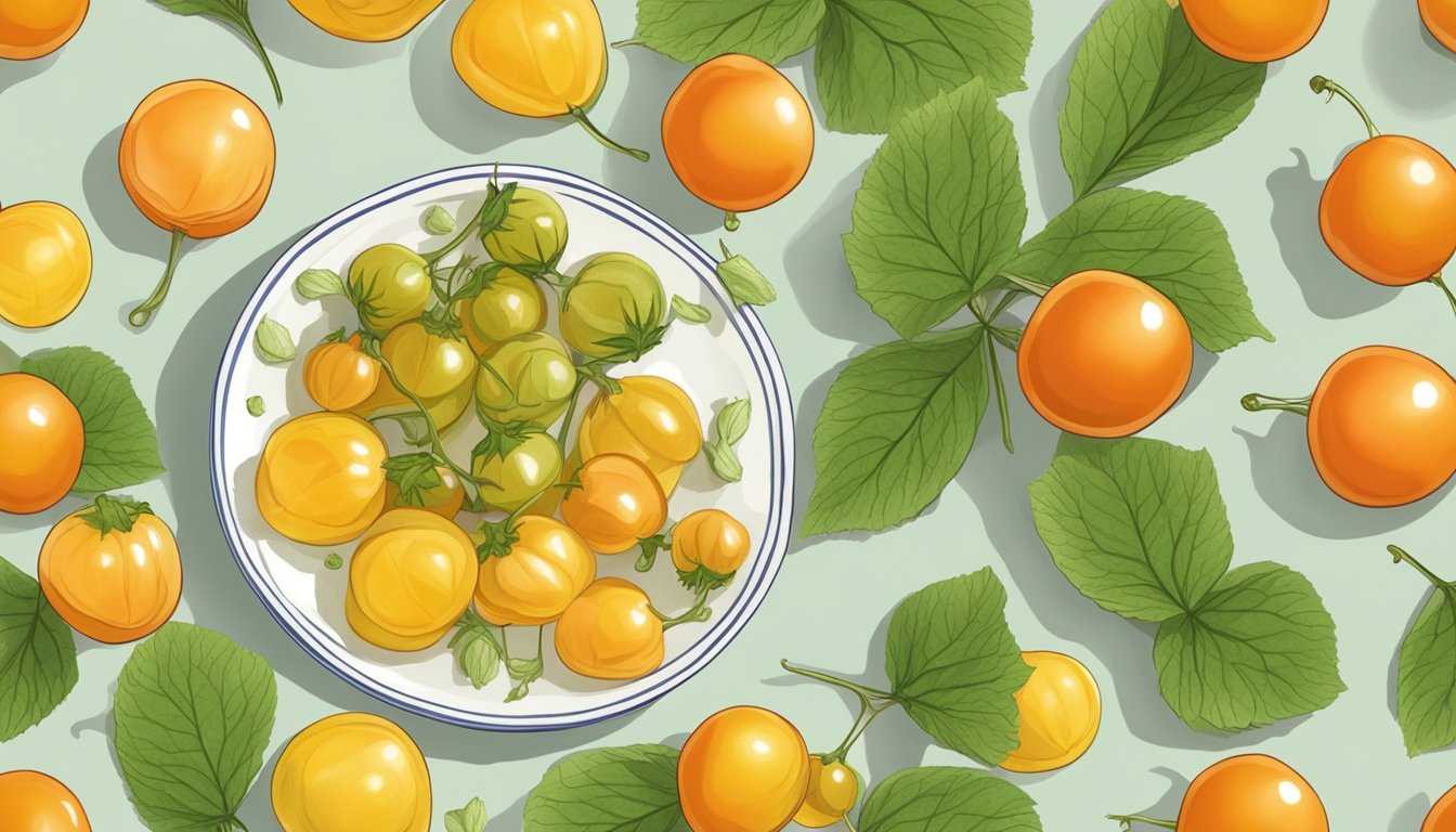 Ground cherries arranged on a plate, replacing cherry tomatoes as a garnish for a dish