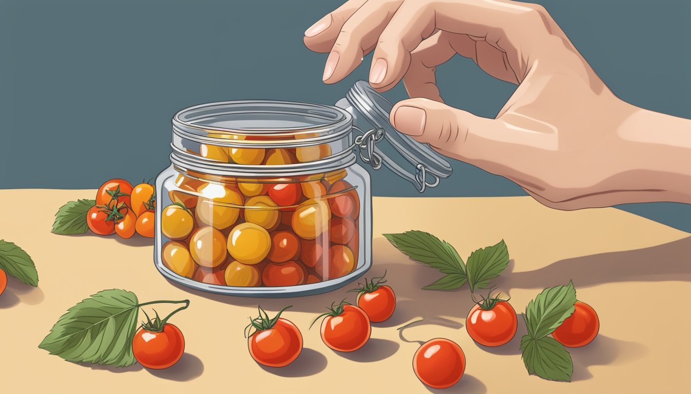 A hand reaching into a jar of preserved ground cherries, next to a bowl of cherry tomatoes